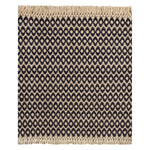 A woven rug sample with a dark brown and cream geometric oval pattern and fringed edges, shown flat against a white background.