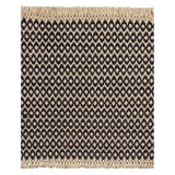 A woven rug sample with a dark brown and cream geometric oval pattern and fringed edges, shown flat against a white background.
