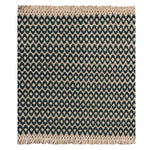 A woven rug sample with a dark green and cream geometric oval pattern and fringed edges, shown flat against a white background.