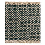 A woven rug sample with a dark green and cream geometric oval pattern and fringed edges, shown flat against a white background.