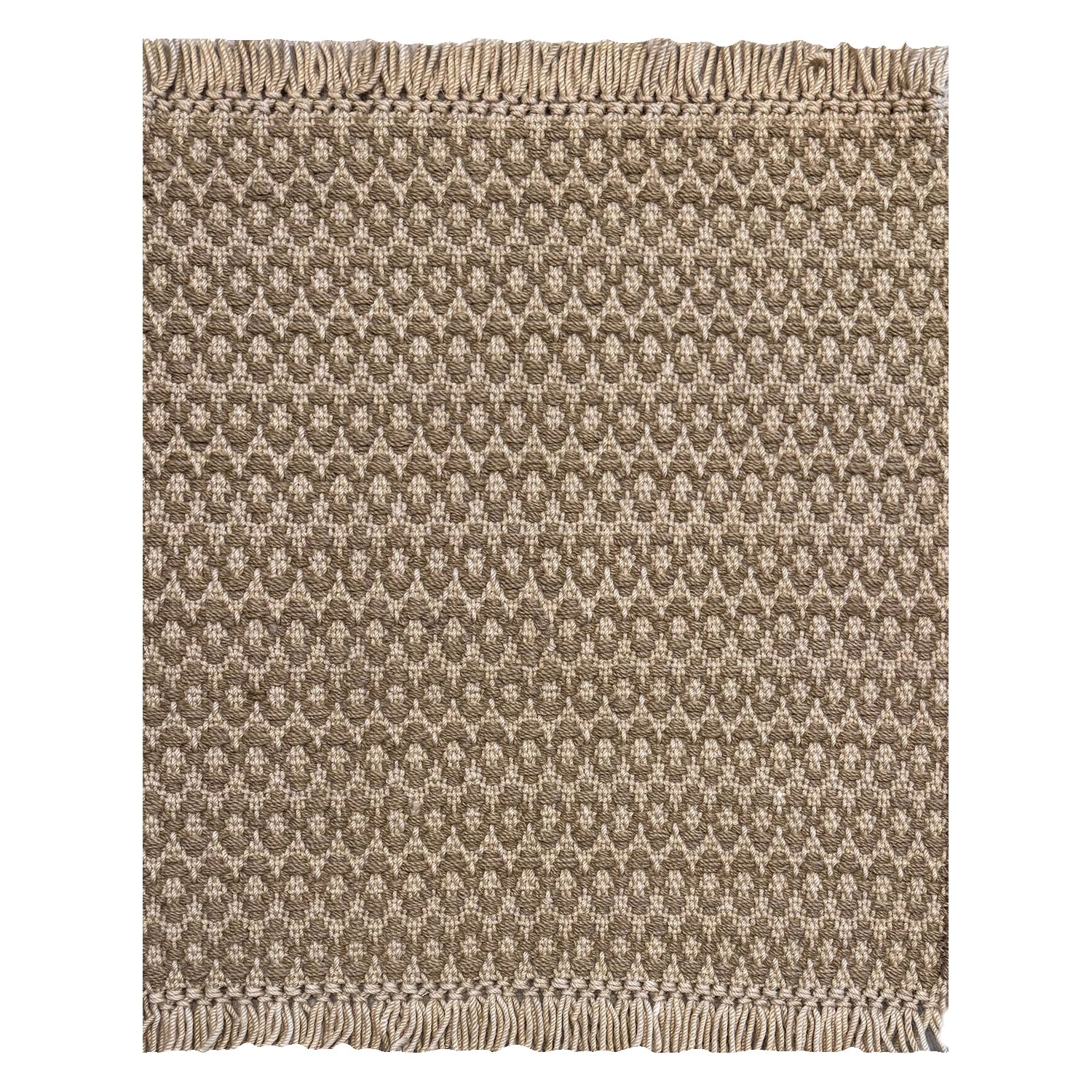 A woven rug sample with a dark tan and cream geometric oval pattern and fringed edges, shown flat against a white background.