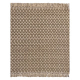 A woven rug sample with a dark tan and cream geometric oval pattern and fringed edges, shown flat against a white background.