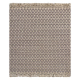 A woven rug sample with a grey and cream geometric oval pattern and fringed edges, shown flat against a white background.