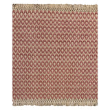 A woven rug sample with a blush pink and cream geometric oval pattern and fringed edges, shown flat against a white background.