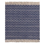 A square woven rug with a navy blue and cream geometric pattern and fringed edges, shown flat against a white background.