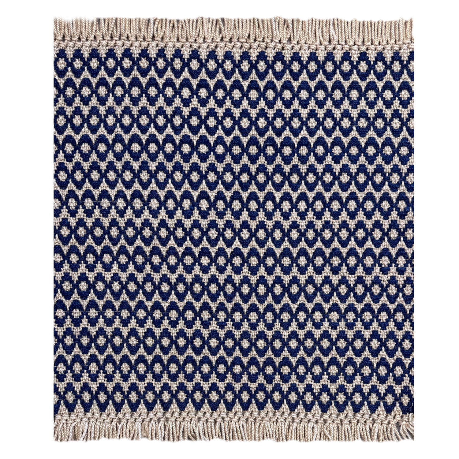 A square woven rug with a navy blue and cream geometric pattern and fringed edges, shown flat against a white background.