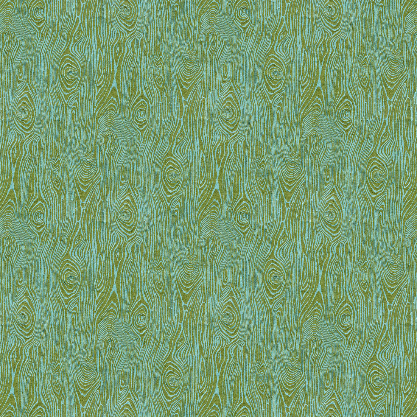 Scaled-out view of fabric in a textural wood grain print in green on a turquoise field.