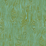 Detail of wallpaper in a textural wood grain print in green on a turquoise field.