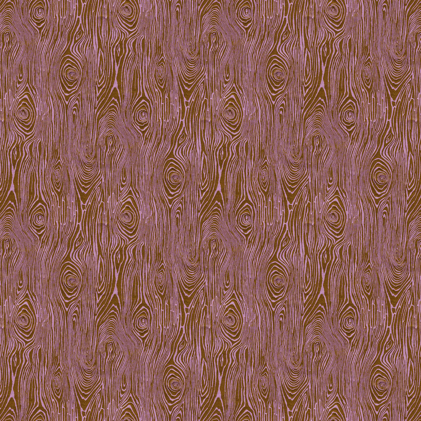 Scaled-out view of fabric in a textural wood grain print in purple on a brown field.