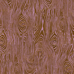 Detail of wallpaper in a textural wood grain print in purple on a brown field.