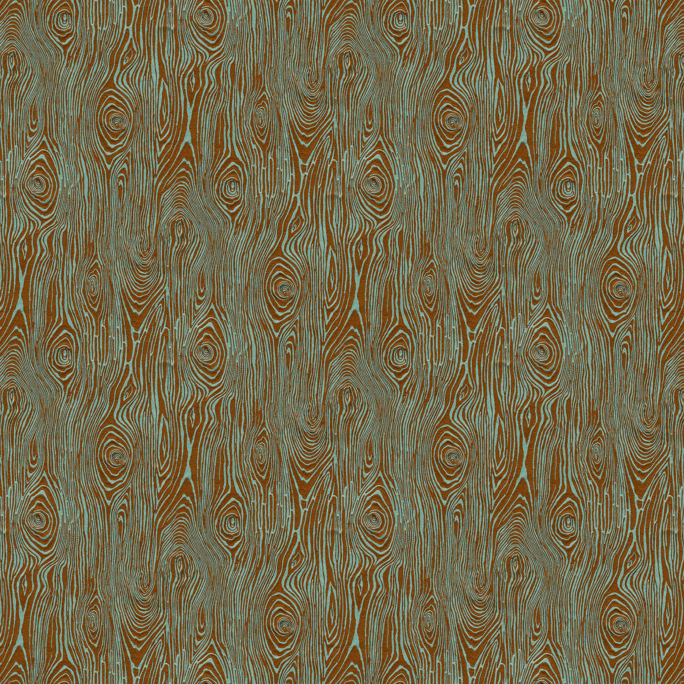 Scaled-out view of wallpaper in a textural wood grain print in brown on a turquoise field.