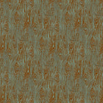 Scaled-out view of wallpaper in a textural wood grain print in brown on a turquoise field.