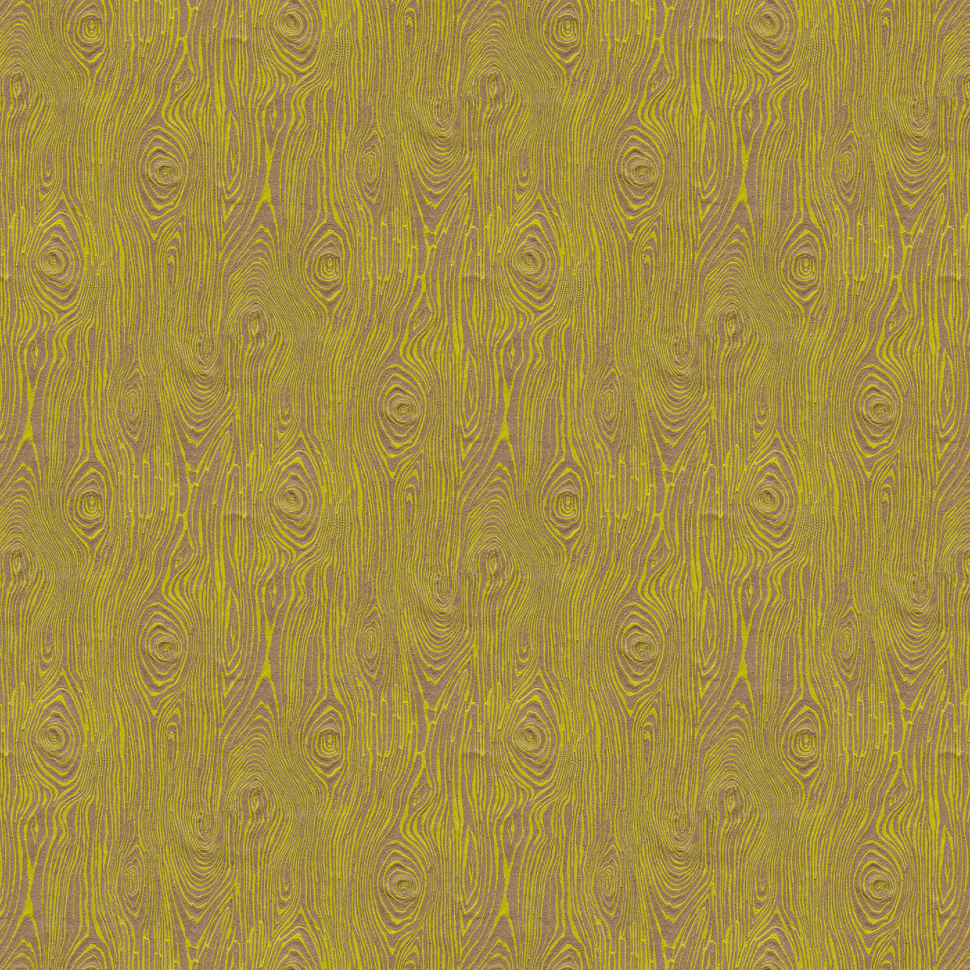 Scaled-out view of fabric in a textural wood grain print in tan on a yellow field.