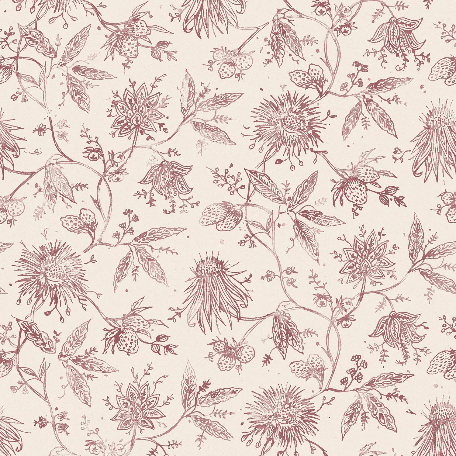 Watercolor floral pattern with wine-purple leaves and flowers on a cream background