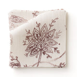 Fabric swatc with watercolor floral pattern with wine-purple leaves and flowers on a cream background