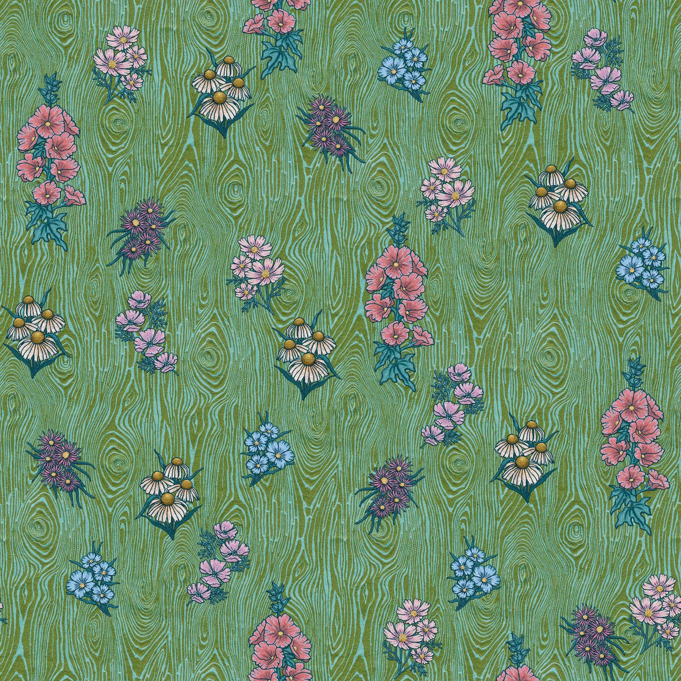 Detail of wallpaper in a varied floral print on a wood-grain field in shades of pink, yellow, blue and green.