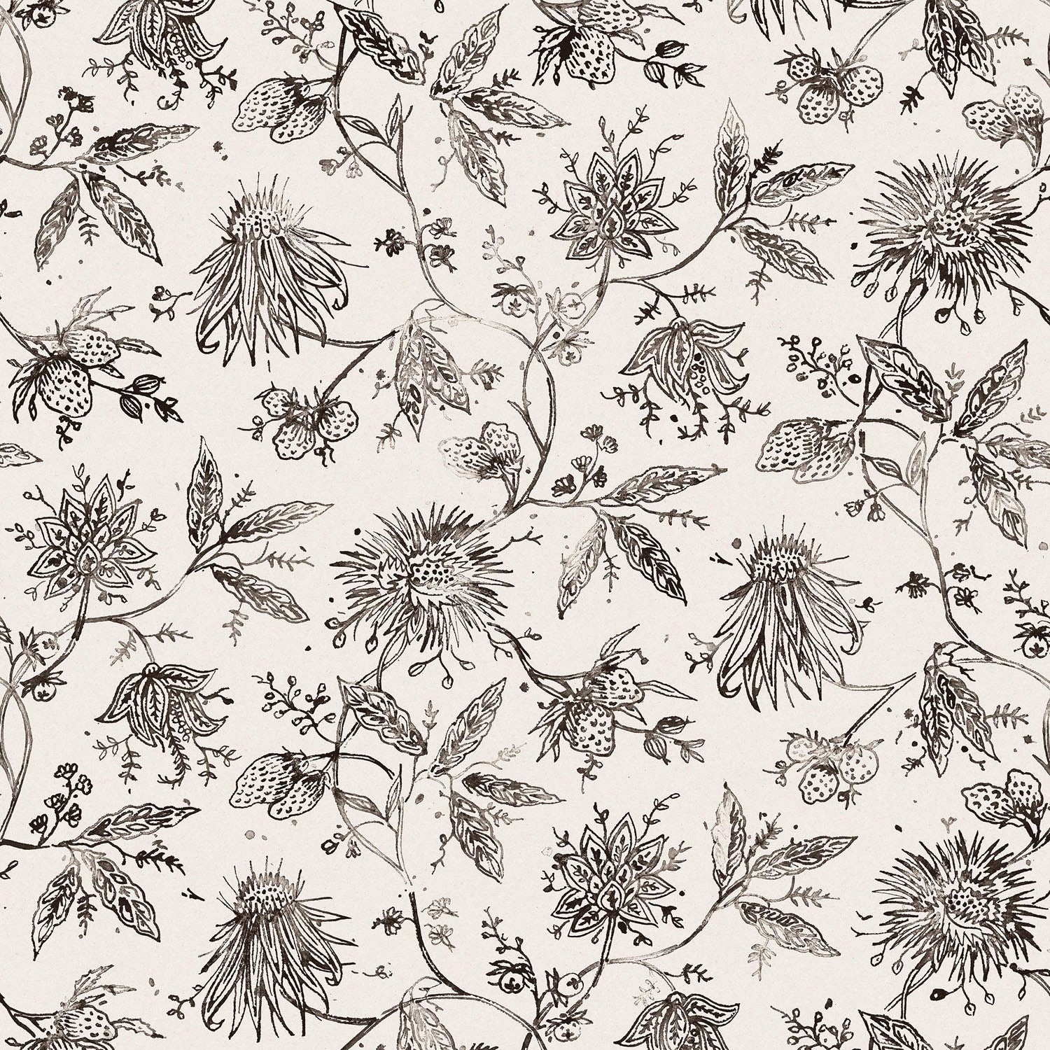 Watercolor floral pattern with black leaves and flowers on a cream background
