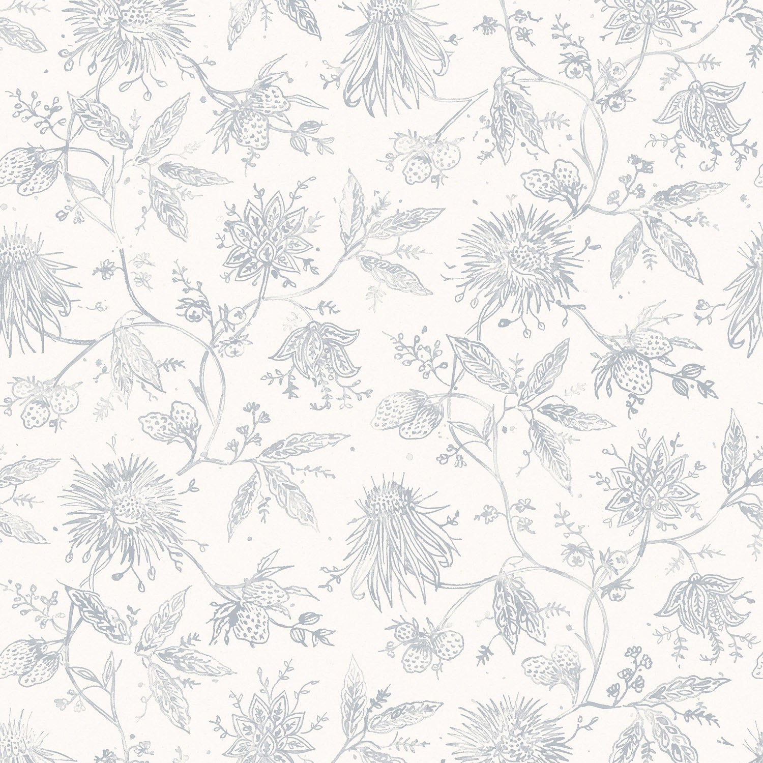 Watercolor floral pattern with light blue leaves and flowers on a white background