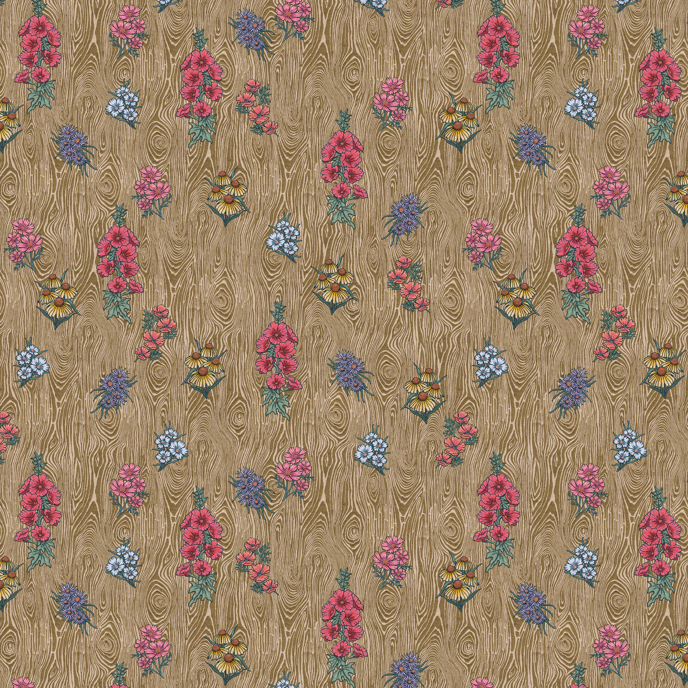Scaled-out view of wallpaper in a varied floral print on a wood-grain field in shades of brown, pink, yellow and blue.