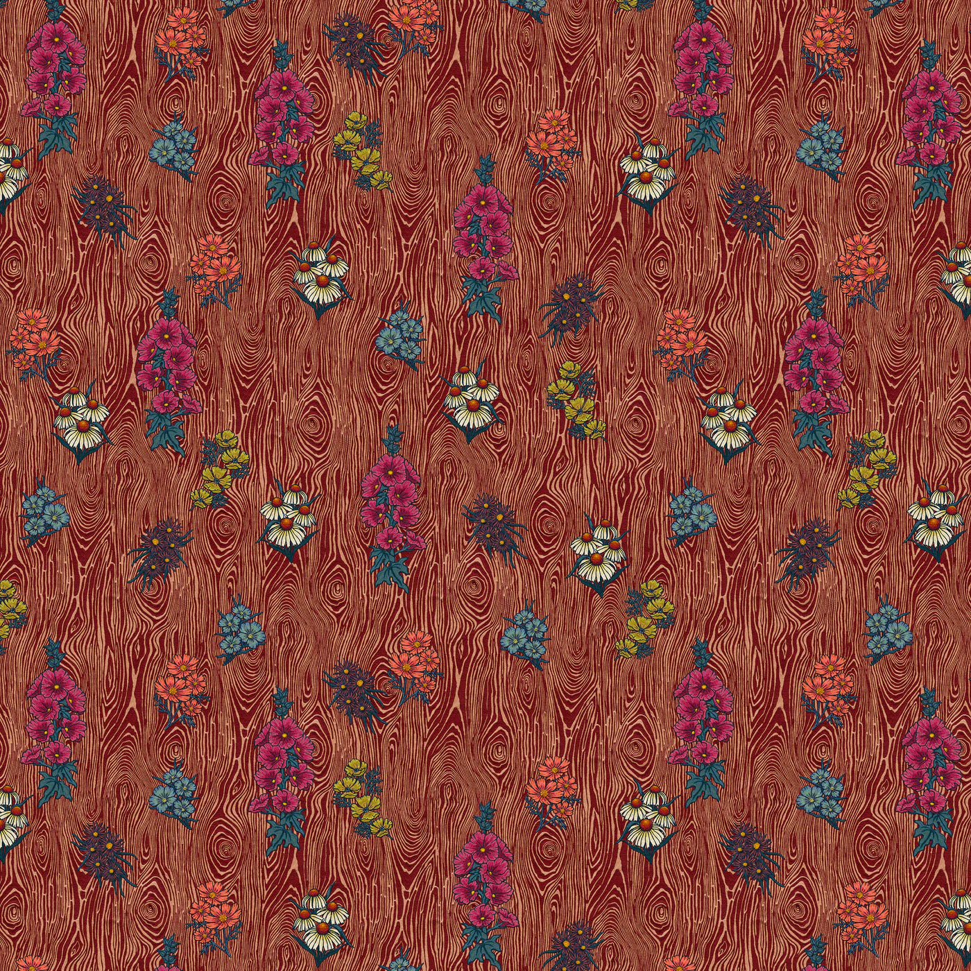 Scaled-out view of wallpaper in a varied floral print on a wood-grain field in shades of red, pink, yellow and green.