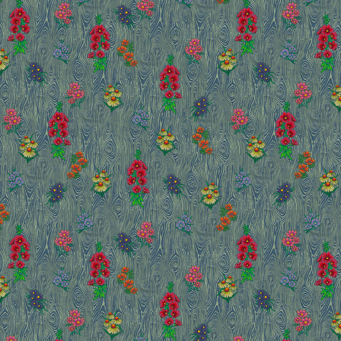 Scaled-out view of wallpaper in a varied floral print on a wood-grain field in shades of blue, red, yellow and green.