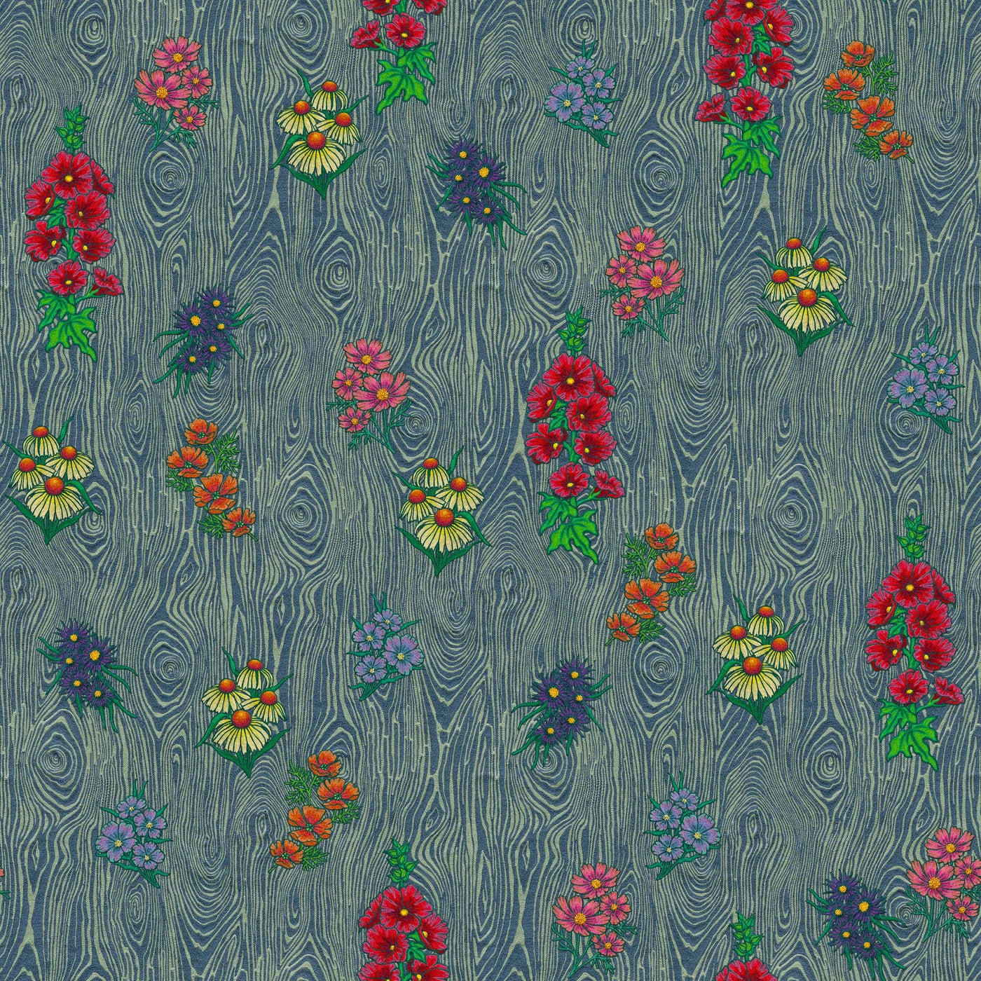 Detail of wallpaper in a varied floral print on a wood-grain field in shades of blue, red, yellow and green.