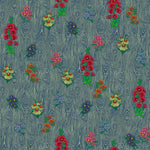 Detail of wallpaper in a varied floral print on a wood-grain field in shades of blue, red, yellow and green.