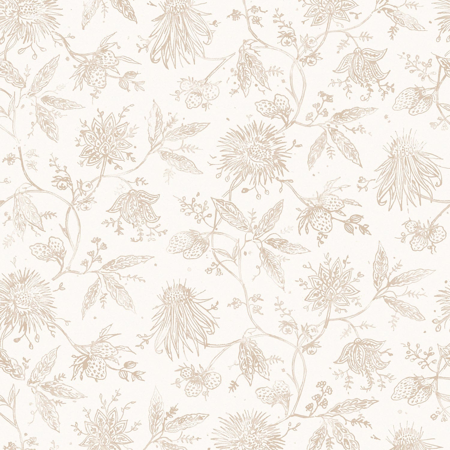 Watercolor floral pattern with light beige leaves and flowers on a white background