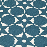 Fabric yardage in a floral lattice print in cream on a navy field.