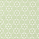 Fabric in a floral lattice print in white on a light green field.