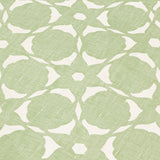 Fabric yardage in a floral lattice print in white on a light green field.