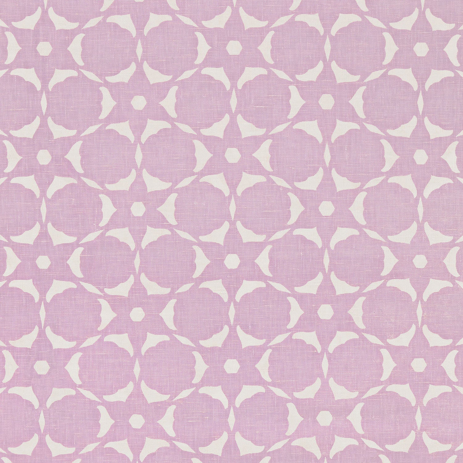 Fabric in a floral lattice print in cream on a light purple field.