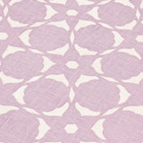 Fabric yardage in a floral lattice print in cream on a light purple field.