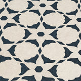 Fabric yardage in a floral lattice print in navy on a cream field.