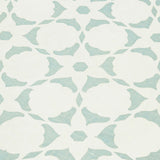 Fabric yardage in a floral lattice print in turquoise on a white field.