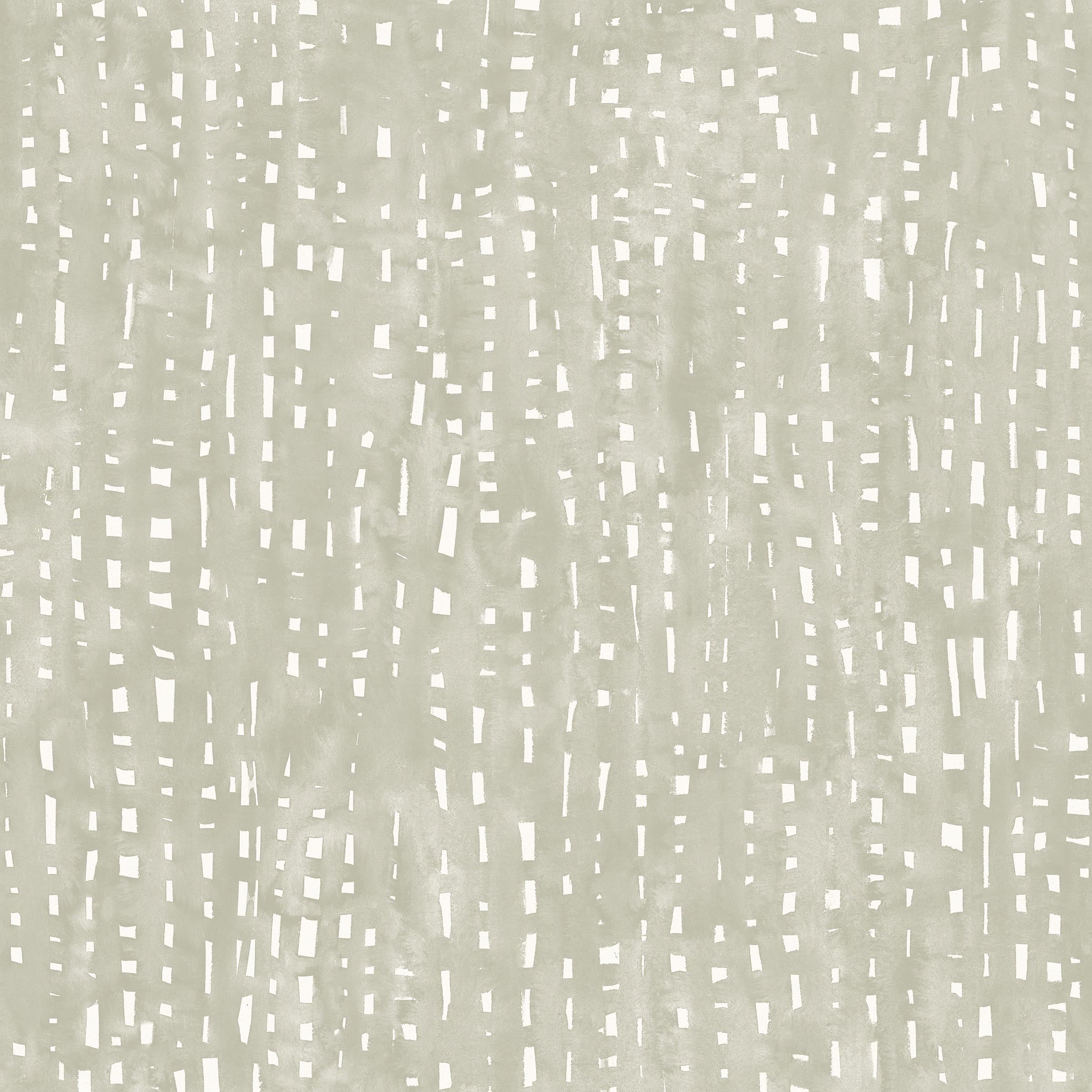 Detail of wallpaper in a painterly small-scale dashed dot print in white on a soft green watercolor field.