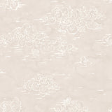 Detail of wallpaper in a painterly cloud pattern in white on a soft beige watercolor field.