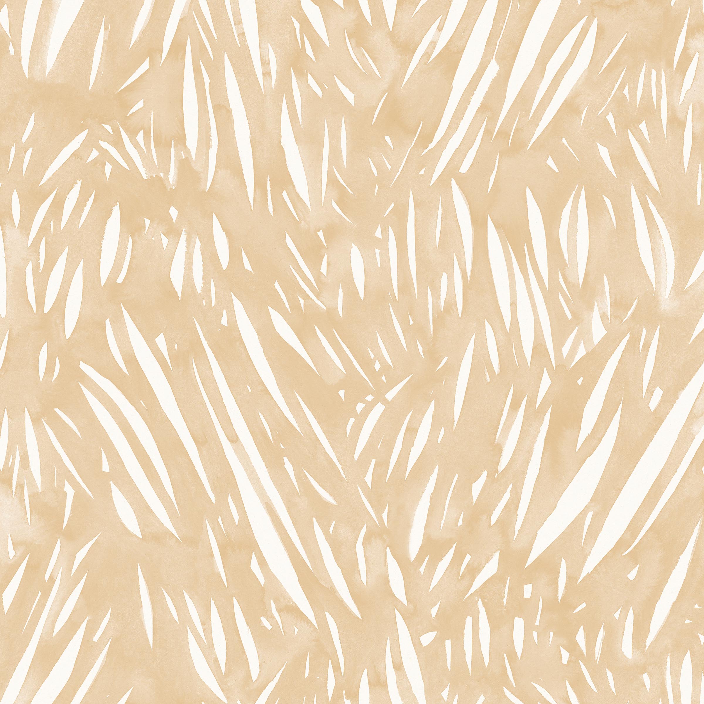 Detail of wallpaper in an abstract leaf pattern in white on a pastel yellow watercolor field.