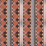Complex stripe with geometric shapes and chevrons in clay, lilac, brown and cream.
