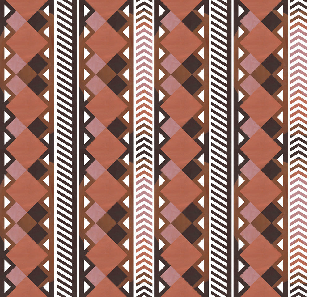 Complex stripe with geometric shapes and chevrons in clay, lilac, brown and cream.