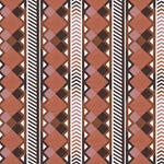 Complex stripe with geometric shapes and chevrons in clay, lilac, brown and cream.