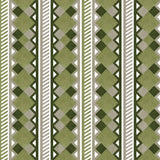 Complex stripe with geometric shapes and chevrons in sage, olive ecru and cream.