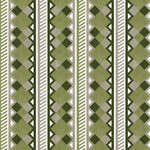 Complex stripe with geometric shapes and chevrons in sage, olive ecru and cream.