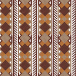 Complex stripe with geometric shapes and chevrons in taupe, orange, oxblood and cream.