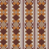 Complex stripe with geometric shapes and chevrons in taupe, orange, oxblood and cream.