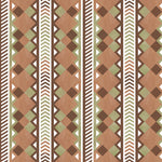 Complex stripe with geometric shapes and chevrons in clay, sage, brown and cream.