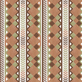 Complex stripe with geometric shapes and chevrons in clay, sage, brown and cream.