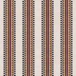 Complex geometric stripe in maroon, ochre, ecru and black on a cream field.