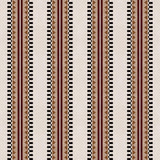 Complex geometric stripe in maroon, ochre, ecru and black on a cream field.
