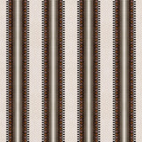 Complex geometric stripe in brown, tan, orange, light purple and black on a cream field.